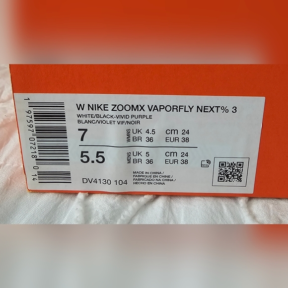 Nike ZoomX VaporFly Next% 3 'White Vivid Purple' [DV4130-104] Women's Size 7 - Picture 8 of 8